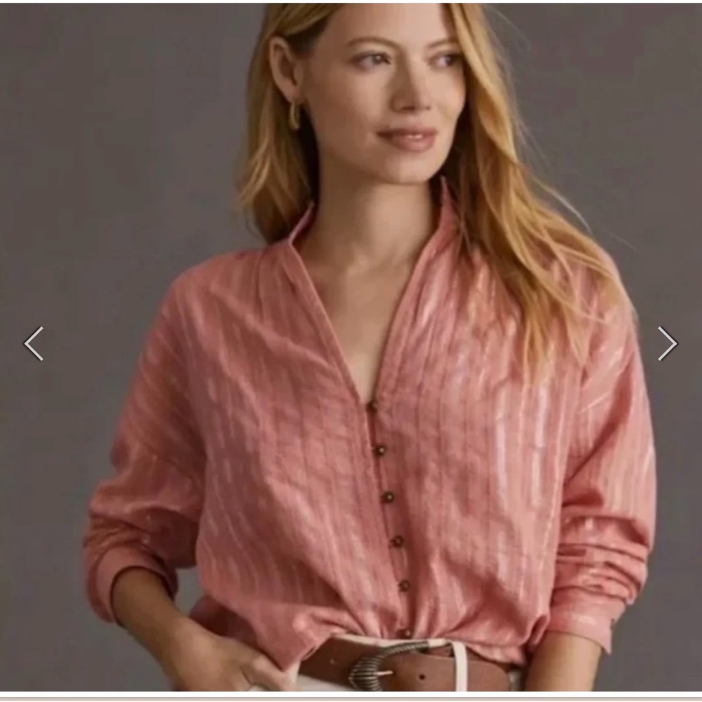 Pilcro Pink Long Sleeve Blouse with Mandarin Collar